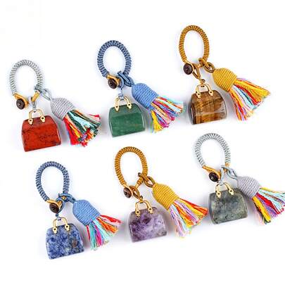 1Pc Natural Semi-Precious Stone Keychain, Creative Hand-Woven Bag Pendant, Elegant Decor Accessory For Handbag Backpack Keys Daily Travel