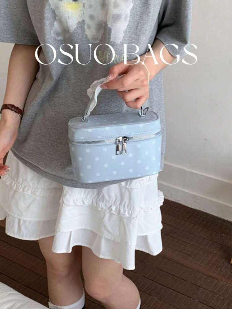 夏季新款PU波点装饰迷你拉链手提包、化妆包、小方包、小众时尚水桶包、盒子包、多功能单肩斜挎包（女士款） - 淺藍色 - 查看 8