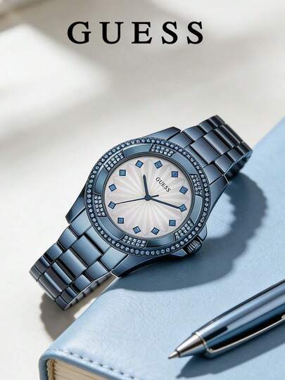 Guess Pinwheel Women's Analog Quartz Watch, Full Crystal Encrusted Blue Bezel, White Pinwheel Sunray Dial, Blue Stainless Steel Bracelet W0702L1