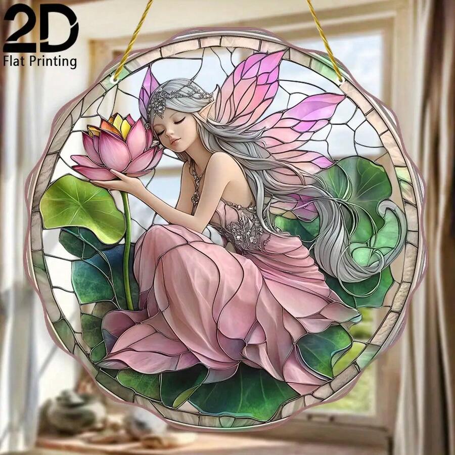 2D Flat Printed, 1pc, Lotus Fairy Sun Catcher, Garden Lighting Acrylic Painted Hanging Decor, Suitable For Any Season Home Decor, Whimsical Design, Floral Home Decor, Wall Art, Creative Birthday Gift - A - View 1