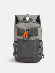 Functional Outdoor Backpack | Unisex Nylon Bag With Khaki Color Blocks, Mesh Pocket & Contrast Straps | Hiking/Sports/Outdoors - 深色水洗藍 - 查看 1