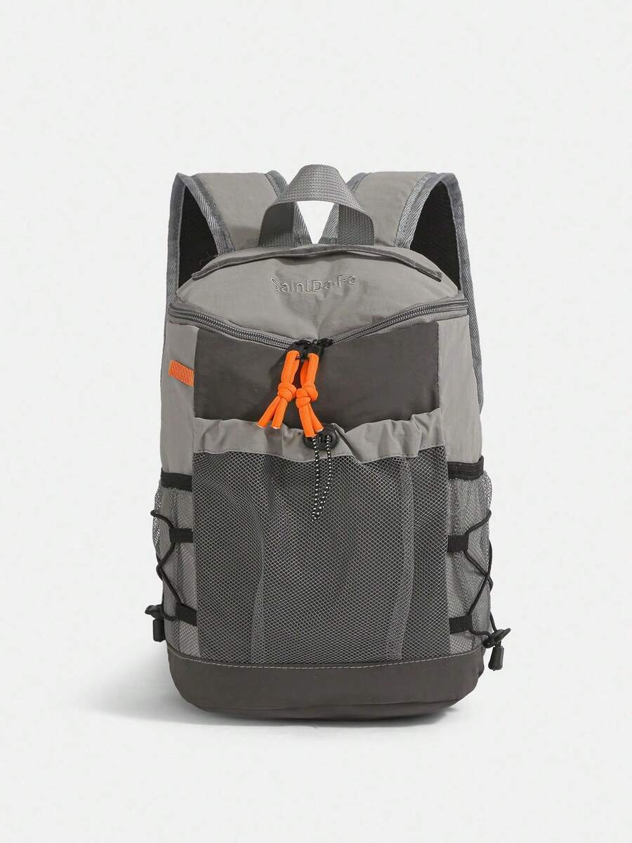 Functional Outdoor Backpack | Unisex Nylon Bag With Khaki Color Blocks, Mesh Pocket & Contrast Straps | Hiking/Sports/Outdoors - 深色水洗藍 - 查看 1