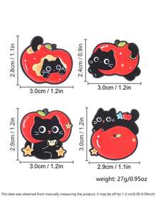 4pcs Cute Black Cat & Red Apple Enamel Brooch Set, Adorable Kitten Fruit Star Pins For Backpack, Straw Hat, Clothing Decoration Gift - Multicolor - View 3