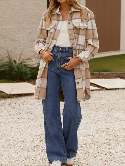 Women's New Plaid Woven Fabric Pocket Jacket, Casual Office Wear, Spring Autumn Winter, Vintage Style