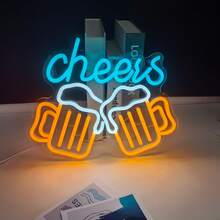 1件 Cheers 啤酒杯霓虹燈牌，USB供電LED霓虹燈，壓克力牆飾，藍色文字與橘色啤酒杯設計，可調光燈，適用酒吧、男人洞穴、酒館與啤酒派對裝飾 - 多色光 - 查看 6