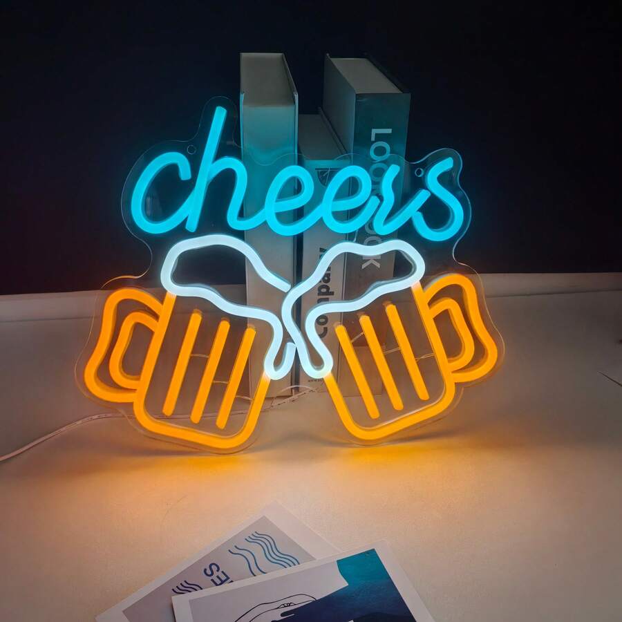 1 buah Lampu Neon Bergambar Gelas Bir "Cheers", Lampu Neon LED Bertenaga USB, Dekorasi Dinding Akrilik dengan Teks Biru & Desain Gelas Bir Oranye, Lampu yang Dapat Diredupkan untuk Bar, Ruang Santai Pria, Pub & Dekorasi Pesta Bir - cahaya polikromatik - View 1