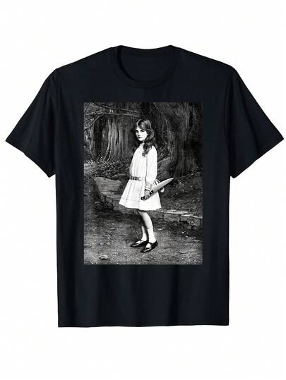 Camiseta de fan de terror con estampado de pesadilla aterradora y cuchillo de carnicero, 100% algodón, negro clásico, para deportes, viajes, uso diario informal, elástica.