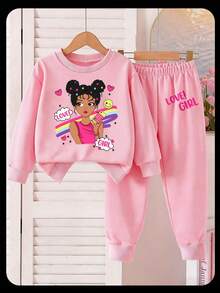Fashion Remaja Perempuan: Sweatshirt Lengan Panjang Leher Bulat Motif Kartun Warna Pink dan Celana Jogger Pinggang Elastis - Berwarna merah muda - View 2