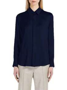 Blusa de seda de manga larga brillante para mujer, con botones y solapa formal - Azul marino - Ver 7