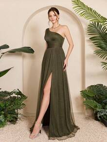 Vestido largo de dama de honor con cuello asimétrico, busto fruncido, cintura hueca y línea A con malla para boda de primavera - Azul - Ver 12