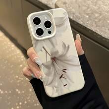 1pc White Matte Minimalist Lens Protection Two White Lily Pattern Phone Case Personalized Compatible With Iphone 16 Pro Max/17/16/15/14 Plus/13/12/11/Air And Series - Multicolor - View 4