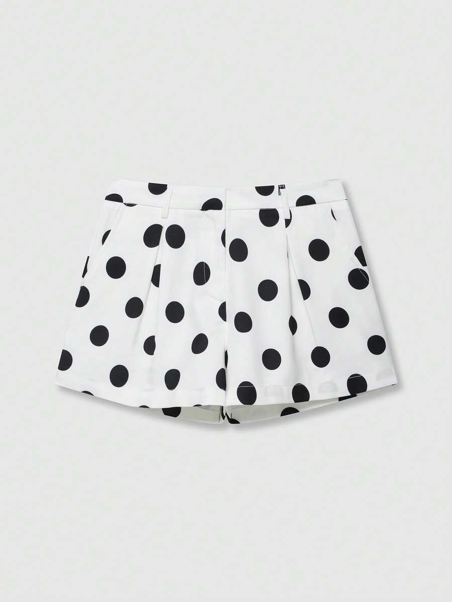 High Waist Polka Dot Print Pleated Casual Shorts Summer White - White - View 1