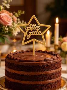 3pcs Gold Mirror Acrylic Alles Gute Cake Topper With Hollow Five-Pointed Star Frame, Elegant German Cursive Script Letter With Stick For Cake Top Decoration, German Birthday & Holiday Party, European Celebration Cake Decor Supplies - B - View 1