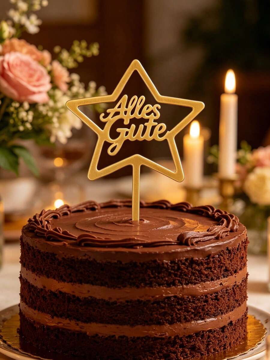 3pcs Gold Mirror Acrylic Alles Gute Cake Topper With Hollow Five-Pointed Star Frame, Elegant German Cursive Script Letter With Stick For Cake Top Decoration, German Birthday & Holiday Party, European Celebration Cake Decor Supplies - B - View 1