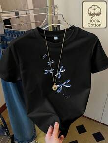 Camiseta de Mujer% Algodón con Diseño de Libélulas en Acuarela, Ropa Casual para el Hogar, Cuello Redondo Estampado, Manga Corta de Algodón - Blanco - Ver 7