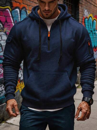 Sudadera con capucha para hombre para exteriores, estilo funcional, bolsillo en el brazo, media cremallera, sudadera casual y cálida