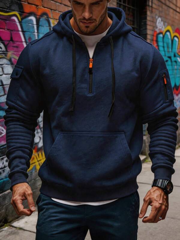 Men's Outdoor Hooded Sweatshirt, Functional Style, Arm Pocket, Half-Zip, Casual Warm Sweatshirt Sports