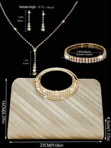 Gold Herringbone Sparkling Rhinestone Evening Clutch, Luxurious Glamorous Shiny Diamond Dress Handbag, Necklace Earrings Bracelet 3 Pieces Set, Gala - Champagne - View 3