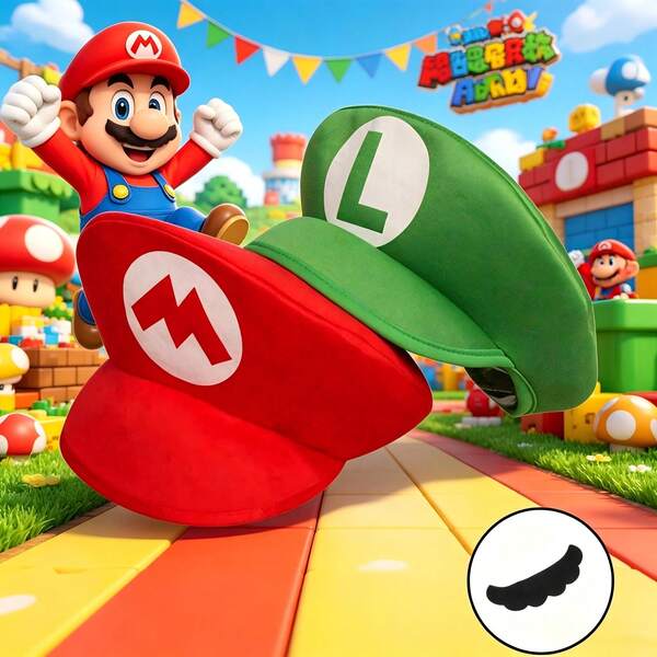1pc Red And Green Two Tone Letter Logo Soft Role-Playing Hat Set, Retro Brick Mushroom Adventure World Role-Playing Headwear, Suitable For Carnival Gatherings, Themed Nighttime Event Clothing Matching, And Fan Gathering Decoration