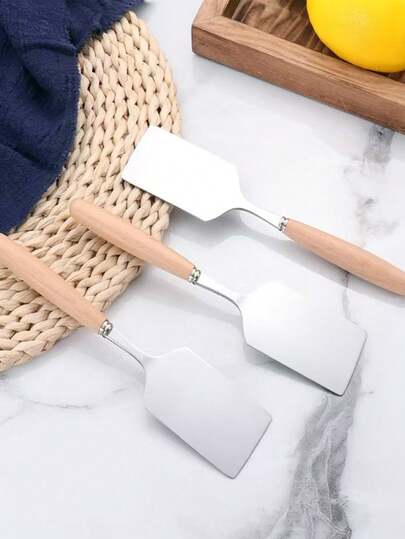 1/2 buah Spatula Stainless Steel, Pembalik Steak Gagang Kayu, Pemotong Pizza, Alat Pemanggang, Pembalik Telur, Peralatan Masak Dapur, Hadiah Hari Valentine/Natal/Thanksgiving/Hari Ibu/Hari Ayah/Hari Karangan Bunga