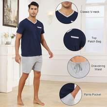 Tefola Pijama para Hombre Conjunto de Pijama de Algodon Pijama Manga Corta y Pantalones Cortos, Cuello en V Ropa de Dormir Hombre, Pijamas de Dos Piezas, Casual y Cómoda - Azul marino - Ver 4