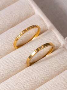 2pcs Fashionable Luxury Stainless Steel 18K Gold Plated Single Diamond And Single Row Rhinestone Thin Band Ring Set, Suitable For Women's Daily Wear Or Party - Ring Set - View 3