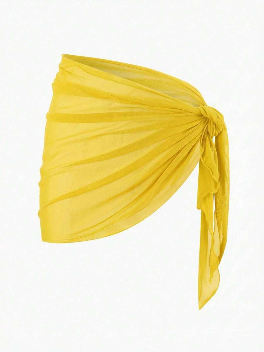 Solid Color Mesh Swim Basics Skirt For Beach And Resort, Ideal For Summer Beach Vacations. XUQA - Mustard Yellow - View 1