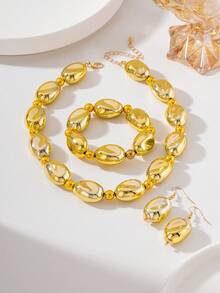 Conjunto de joyería vintage francés de alta gama con collar, pulsera y pendientes con cuentas de piedras preciosas asimétricas, elegante accesorio de nicho como regalo para mujeres - Amarillo Oro - Ver 2