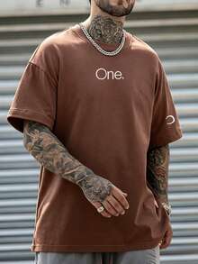 男士字母印花圓領短袖T恤 - 咖啡棕 - 查看 4