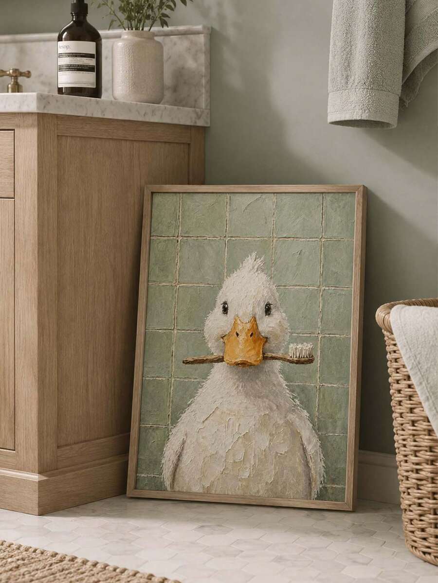 1 pezzo cartellone su tela senza cornice, Anatra bianca carina che tiene uno spazzolino da denti, Arte da parete divertente per il bagno, Dipinto a olio su tela, Decorazione da parete per camera da letto, soggiorno, cucina, corridoio, Decorazione da parete moderna ideale per la casa, Regalo, 2D piatto - Stile astratto A - Visualizzare 1