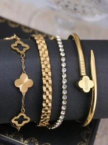 4pcs/Set/3pcs/1pc Gelang Mata Jahat Warna Emas | Set Gelang Mata Biru Enamel & Desain Kabel Terpilin untuk Perhiasan Fashion Kasual/Pesta Sehari-hari - Yellow Gold - View 7