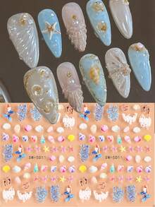 2張5D浮雕海洋美人魚美甲貼紙 夏季海灘美甲貼花 3D貝殼海星珊瑚波浪 自黏式美甲貼片 熱帶海洋美甲裝飾 美甲用品 女款度假美甲 - 彩色 - 查看 10