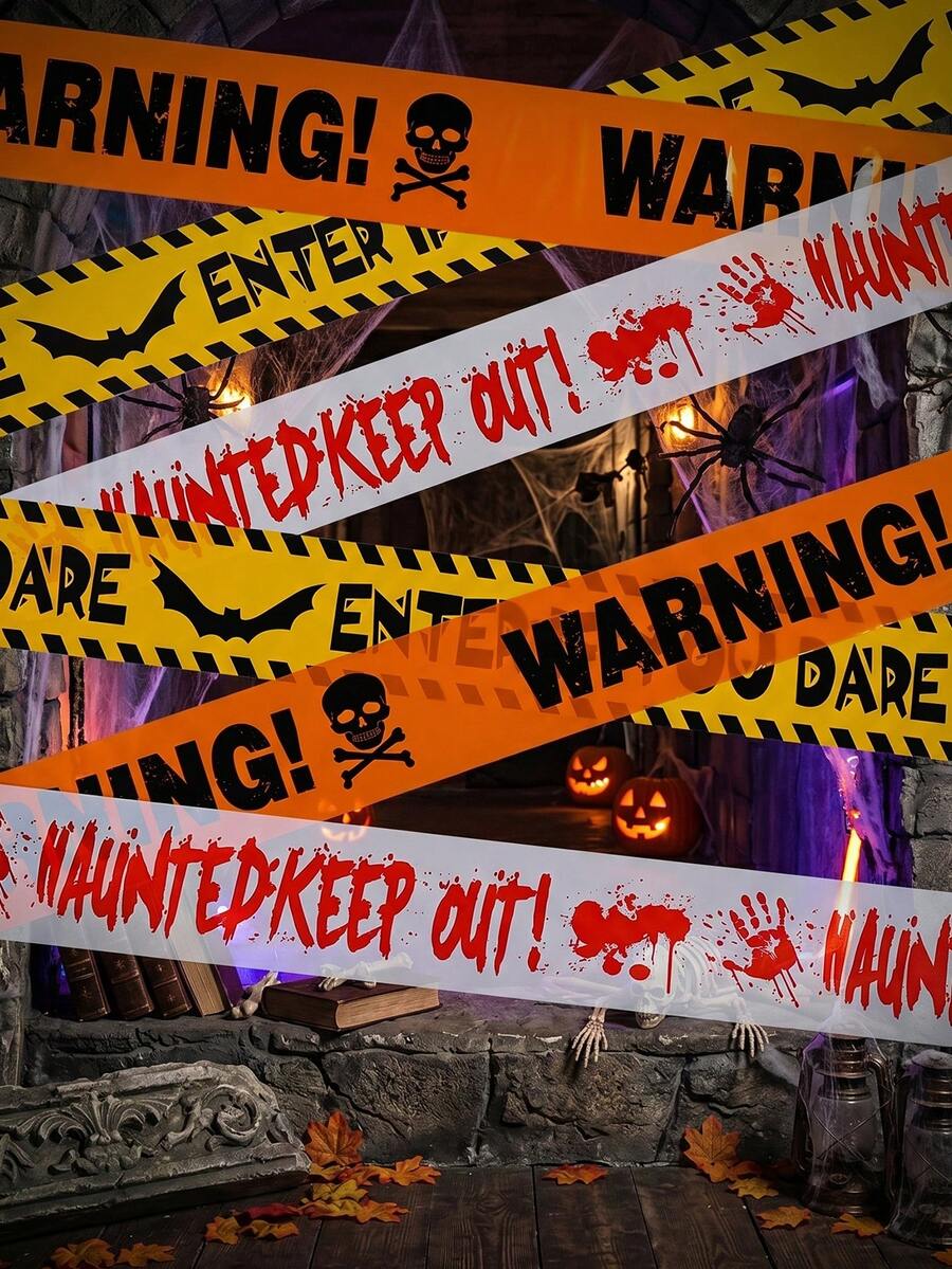 3 Rolls 5m Halloween Horror Warning Tape, Pirate Print Horror Caution Line, Suitable For Horror Zombie Party Outdoor Crime Scene Decoration, Holiday Supplies, Indoor Decoration, Outdoor Decoration, Halloween Party Decoration Supplies