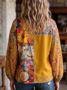 Plus Size Women's Bohemian Print Long Sleeve Patchwork Blouse, Fashionable V-Neck Regular Fit Yellow Vacation - Yellow - View 2
