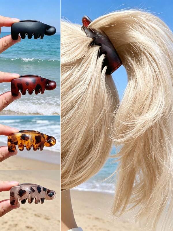 4pcs Banana Hair Clips, Matte Tortoise Shell Leopard Print Multi-Color Non-Slip Toothed Hair Clips, Vintage Minimalist Style For Women Beach Travel High Ponytail Fixing Hair Accessories