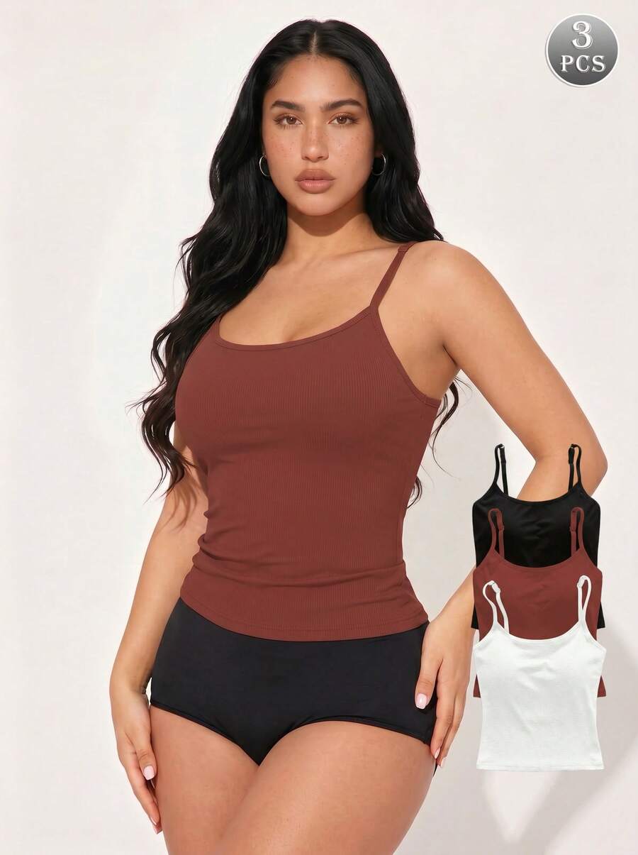 3 Stück einfarbige gerippte Träger-Oberteile mit Brustpolster, dünne lässige bauchfreie Trägershirts für Frauen, Workout - Verschiedenfarbig - Übersicht 1