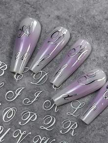 6pcs Mixed 3D Bronzing Silvery English Letters Nail Art Stickers Metallic Silvery Gothic Alphabet Artistic Letter Nail Decal Self-Adhesive Retro Silvery Letter Manicure Slider - Silver - View 6