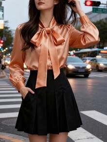 Camisa casual de manga larga de satén blanco elegante para mujer, blusa versátil y elegante con detalle de cuello con lazo, unicolor adecuado para todas las estaciones, lavable a máquina y n - Naranja Coral - Ver 1