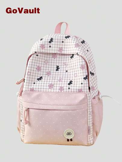 Balo học sinh nhẹ phong cách Hàn Quốc Ins, họa tiết kẻ caro chấm bi hoạt hình phối miếng vá, balo casual đa năng cho teen đi học
