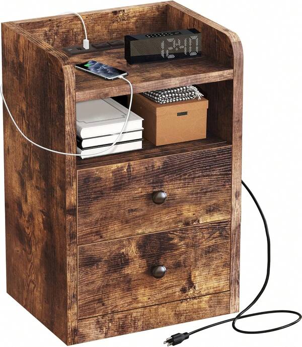 Bedroom Nightstands - Rustic Wooden Bedside Table With 2-Outlet And 2-USB Charging Station - 2 Shelves And 2 Drawers