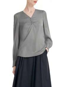 Blusa formal de manga larga con pliegues de seda con cuello en V, manga abullonada para mujer - Pnnrk - Ver 1