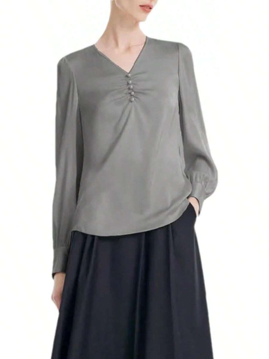 Blusa formal de manga larga con pliegues de seda con cuello en V, manga abullonada para mujer - Pnnrk - Ver 1