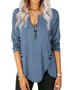 Fisoew - Blusa casual de manga larga para mujer, cuello redondo, botones laterales - Morado - Ver 22