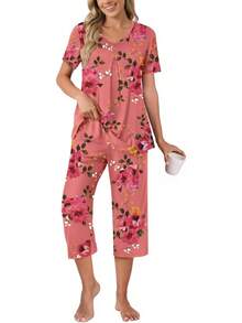 Anyally - Conjunto de pijama de verano para mujer, camisa de manga corta y pantalones capri de 2 piezas, pijama plisado con bolsillos - Oso gris blanco plisado - Ver 30