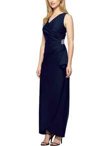 Alex Evenings Adelgazar Lado Largo Vestido Fruncido con Cascada Volantes Falda Vestido para Ocaciones Especiales para Mujer - marino - Ver 1