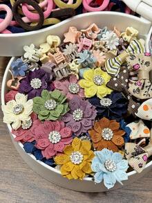 175pcs Morandi Color Block Vintage Hair Accessories Set For Girls, Includes Ribbon Flower/Artificial Butterfly/Rhinestone Satin Flower Hair Clips, Mini Claw Clips, High Elasticity Non-Damaging Hair Ties, Suitable For Daily/Party/Gift Use - Multicolor - View 5