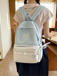 Gingham Spliced Mini Polka Dot Backpack With Lace Ruffle Trim And Side Bow, Lightweight College Student Backpack For Daily Commute & Back-To-School - Multicolor - View 8