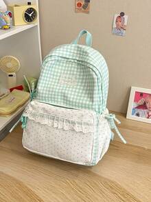 Gingham Spliced Mini Polka Dot Backpack With Lace Ruffle Trim And Side Bow, Lightweight College Student Backpack For Daily Commute & Back-To-School - Multicolor - View 16