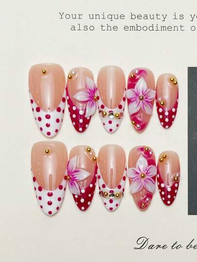 10 piezas de uñas postizas hechas a mano de forma almendrada, uñas de presión de tamaño medio en color rosa, uñas con lunares y punta francesa, flores talladas en 3D, gemas de uñas florales, perlas, uñas de verano Y2K, arte de uñas falsas DIY para fiesta, uso diario, citas, playa, escapada tropical, para mujeres y niñas como regalo, suministros de uñas