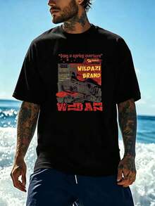 Camiseta de h om bre estilo streetwear vintage con estampado gráfico, de algodón suave, corte relajado, informal, cómoda, estampado gráfico único, nuevo lanzamiento. - Negro - Ver 2